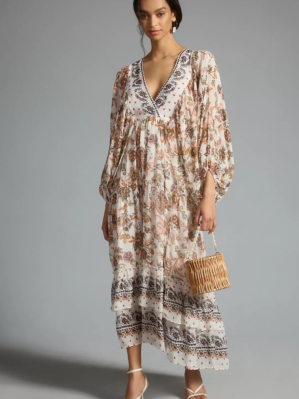 By Anthropologie V-Neck Long-Sleeve Maxi Boho Dress